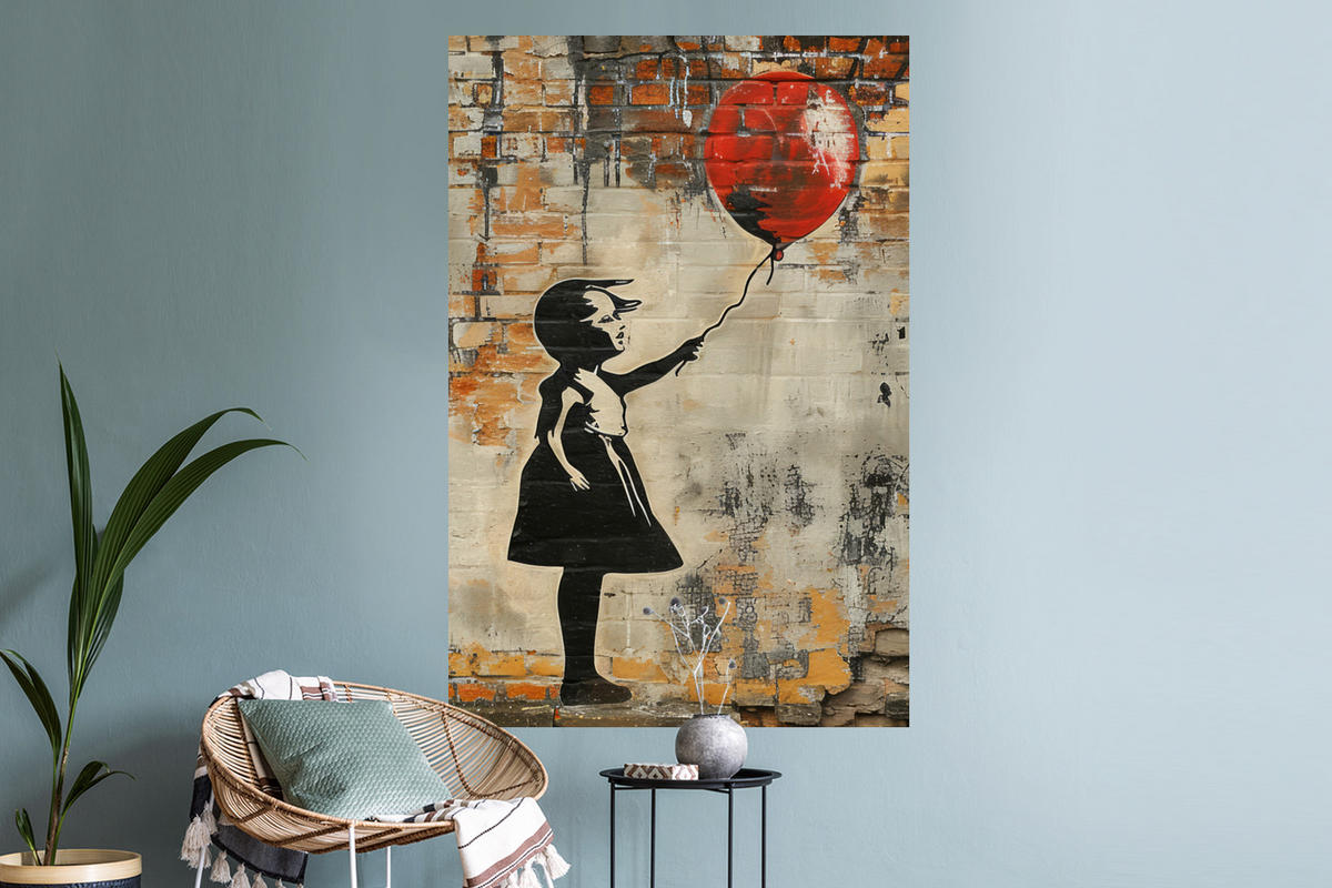 WANDTATTOO Graffiti - Banksy - Mädchen - Straßenkunst 80x120 cm - Sandfarben, Kunststoff (80/120/0.1cm) - MuchoWow