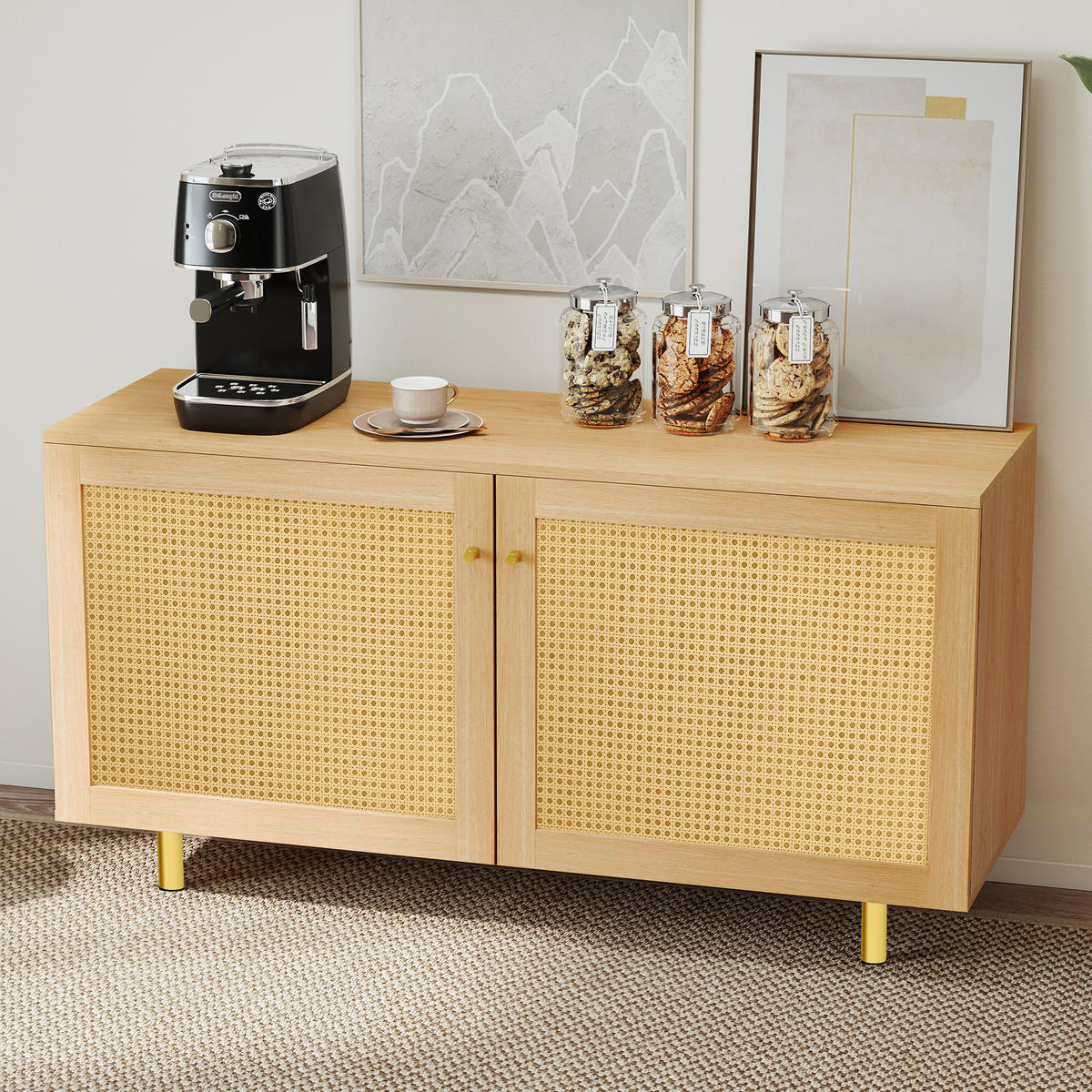 SIDEBOARD in Naturfarben Aufbewahrungsschrank aus Korbgeflecht für Wohnzimmer, B120/T40/H63cm - Goldfarben/Naturfarben, Holzwerkstoff/Metall (120/63/40cm) - STILVORA
