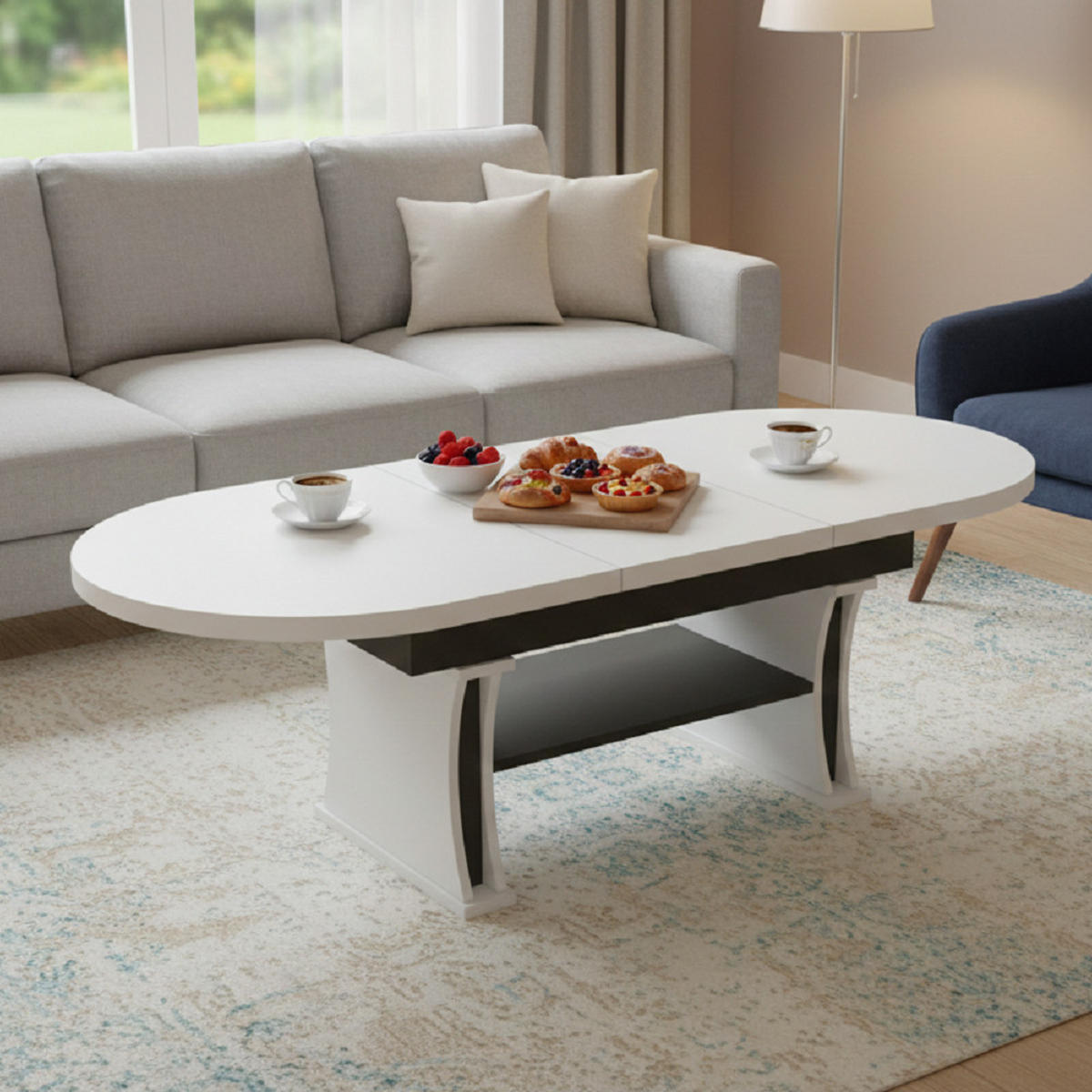 COUCHTISCH oval ausziehbar höhenverstellbar Ablage 130/80/60 cm - Schwarz/Weiß, Holzwerkstoff (80/130/60cm) - designimpex