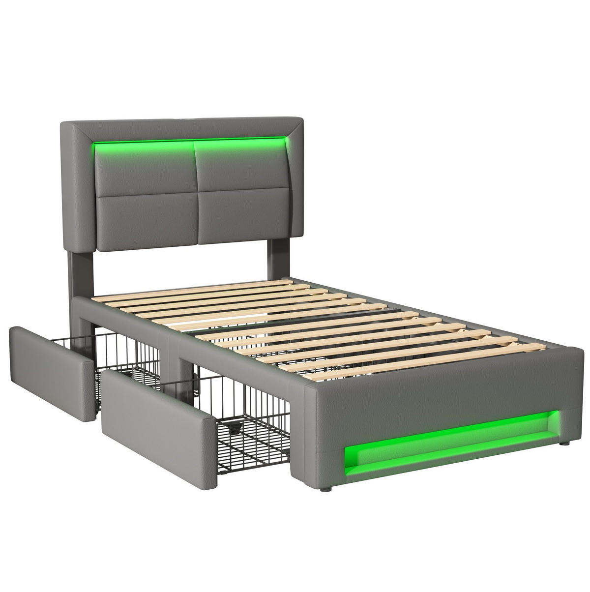 POLSTERBETT aus PU 90x200 cm Grau mit LED-Beleuchtung, USB-Ladefunktion und 4 Schubladen - Grau, Leder (90/200cm) - IVMEU