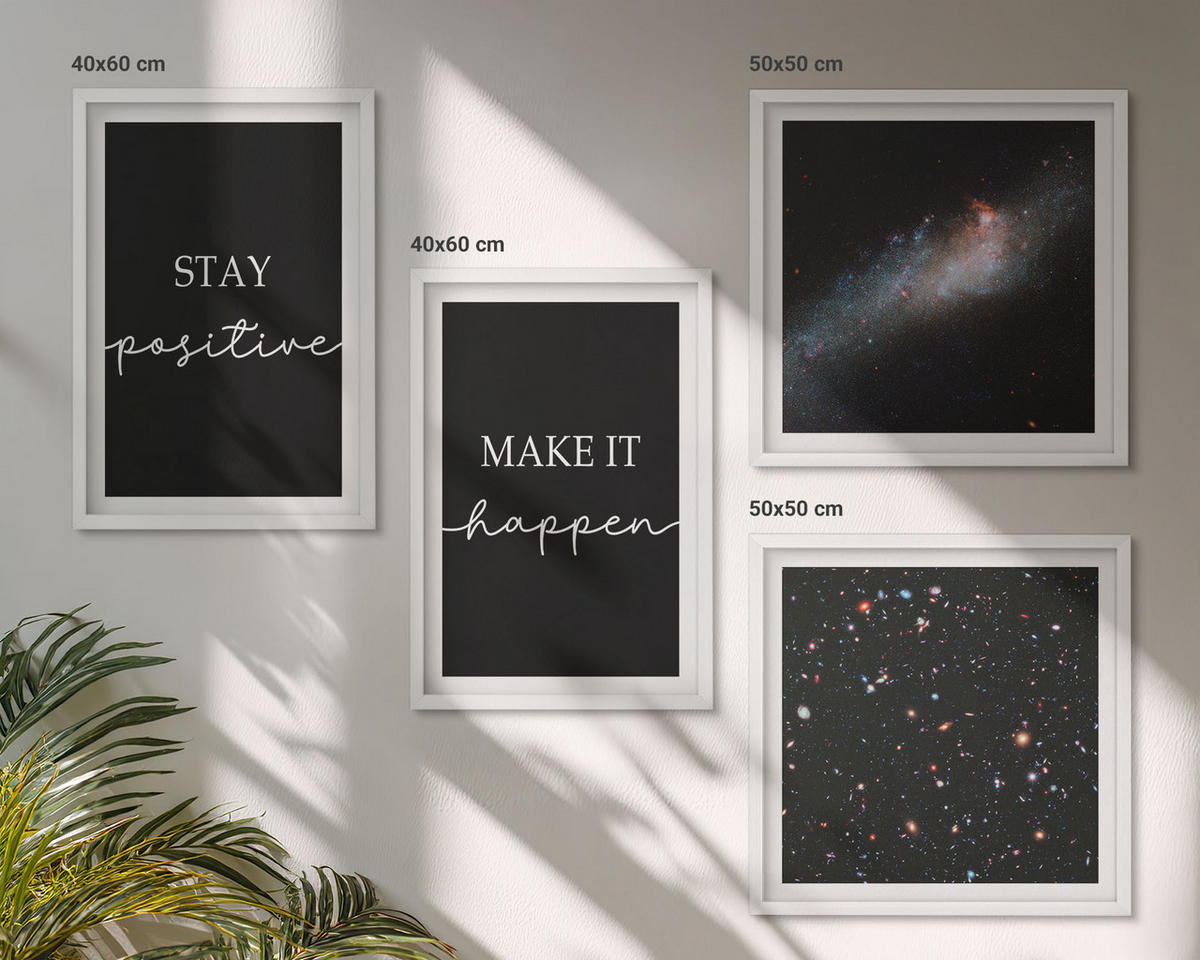 BILDER SET 4er Set - 50x50 cm & 40x60 cm Weißer Rahmen - Motivationsslogans Sterne Weltraum - Weiß, Kunststoff (50/50cm) - TULUP