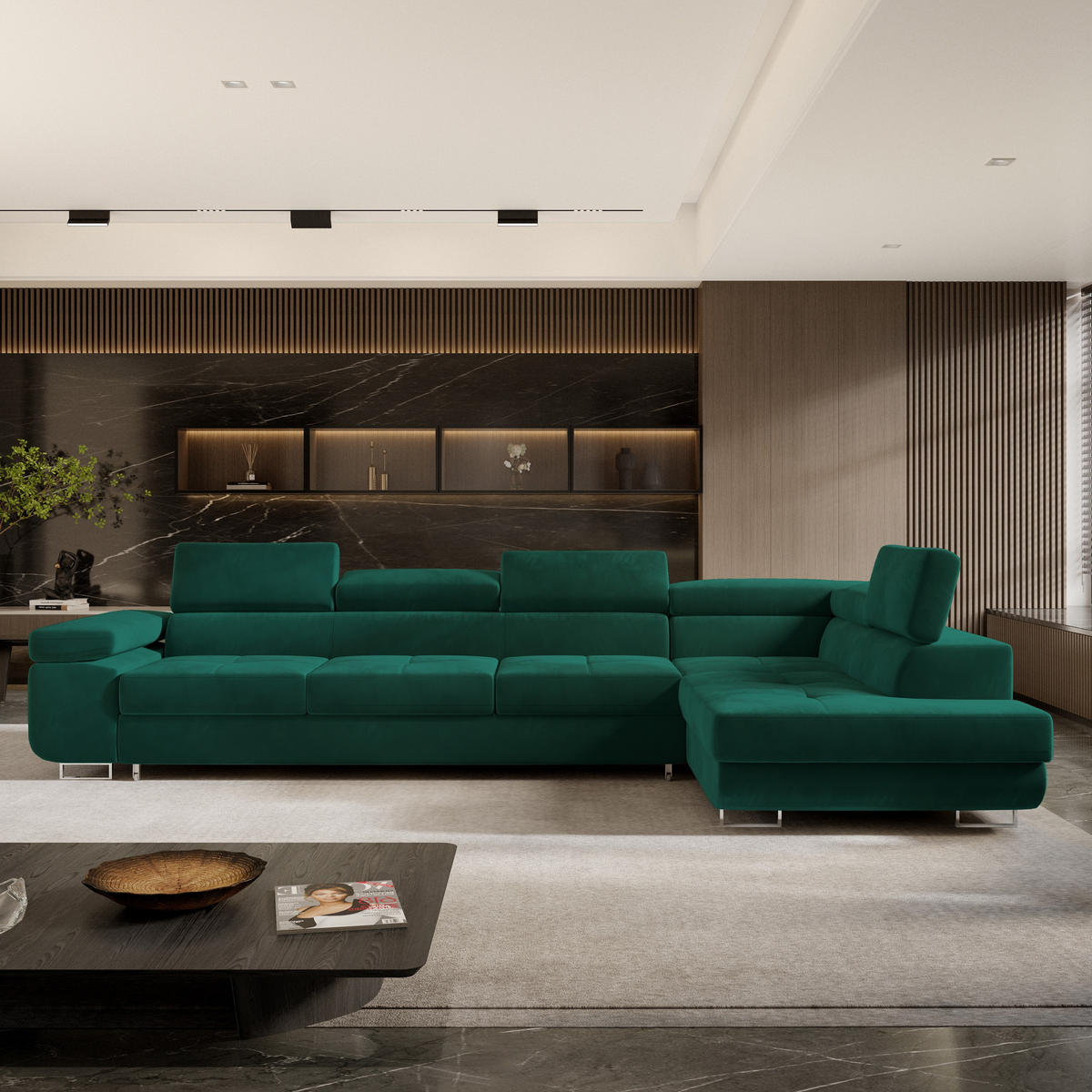 ECKSOFA VICENTE Grün Velours-Stoff mit Schlaffunktion - Grün, Holz (346/202cm) - MASSENO