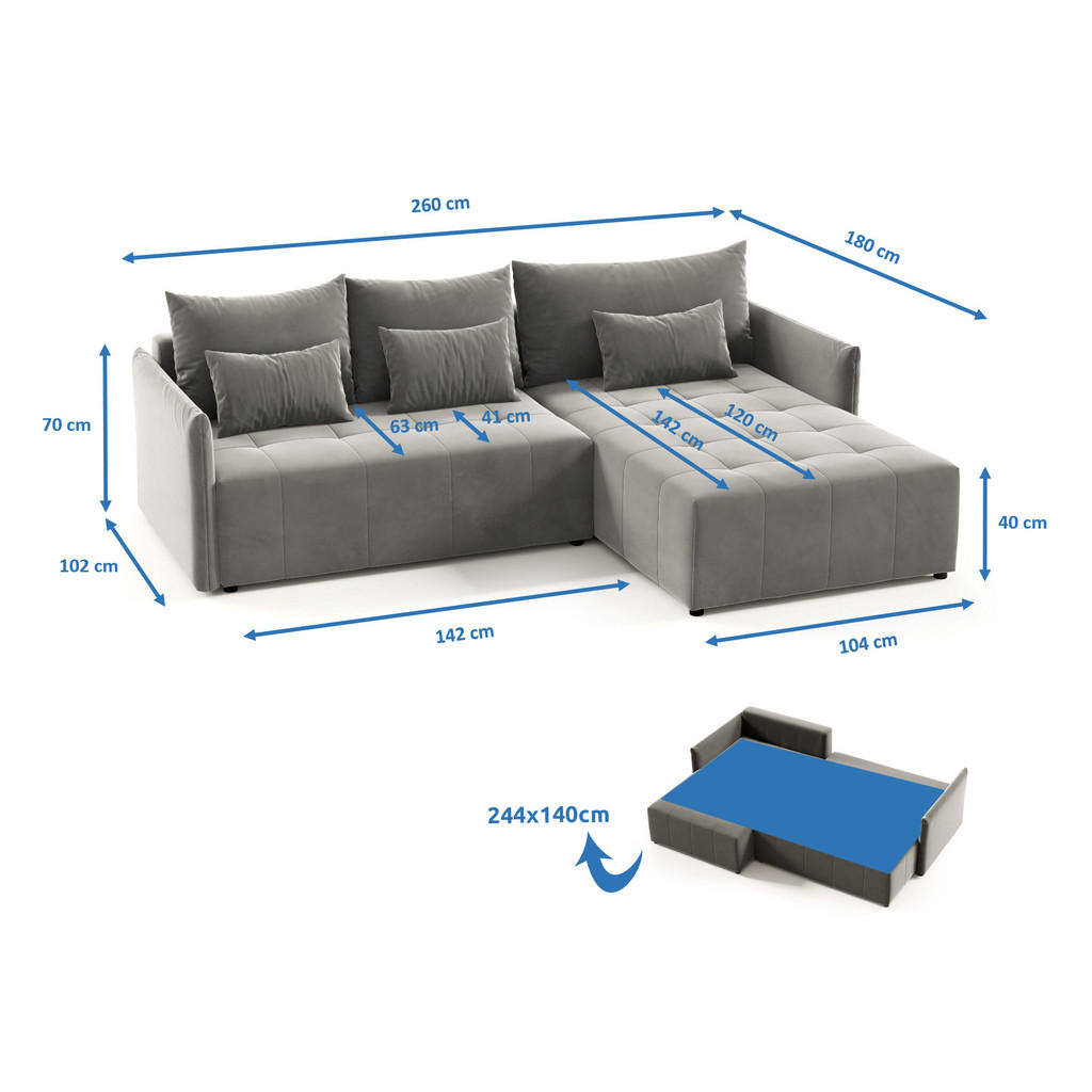 Thumbnail - Sofnet Ecksofa, Blau, Textil, 5-Sitzer, L-Form,Rechteckig, 260x180 cm, Wohnzimmer, Sofas & Couches, Wohnlandschaften, Ec...