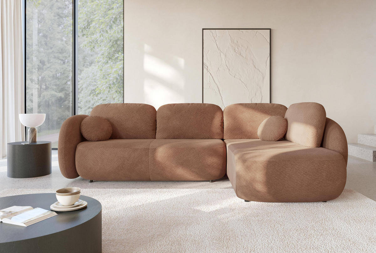 ECKSOFA AMICO II R-S Braun Geflochtener Stoff mit Schlaffunktion - Braun, Holz (289/190cm) - MASSENO