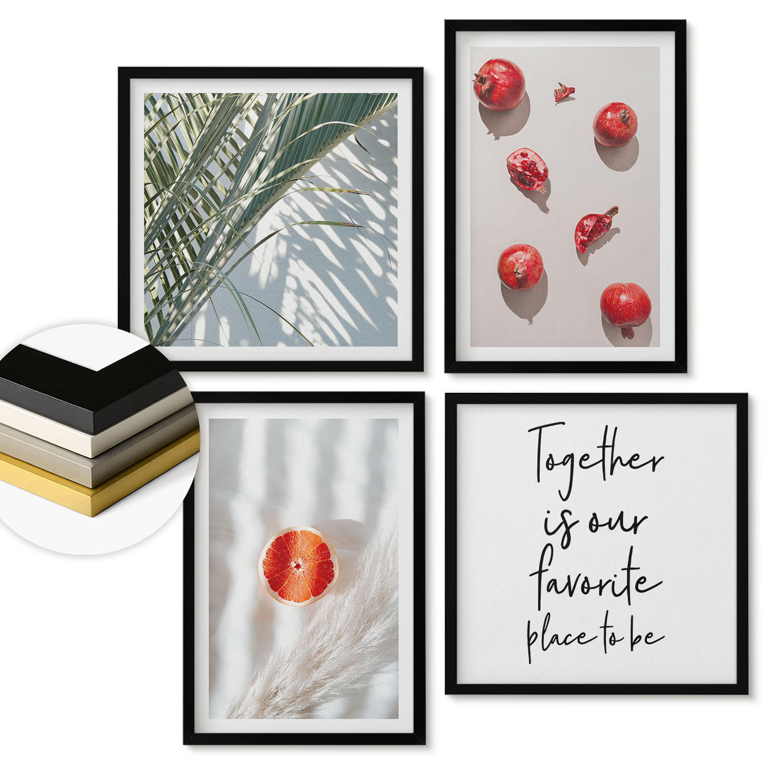 WANDBILDER 4er-Set - 50x50 cm & 40x60 cm Schwarzer Rahmen - Feiertags-Palmenfrucht-Inschrift - Schwarz, Kunststoff (50/50cm) - ArtPrintCave
