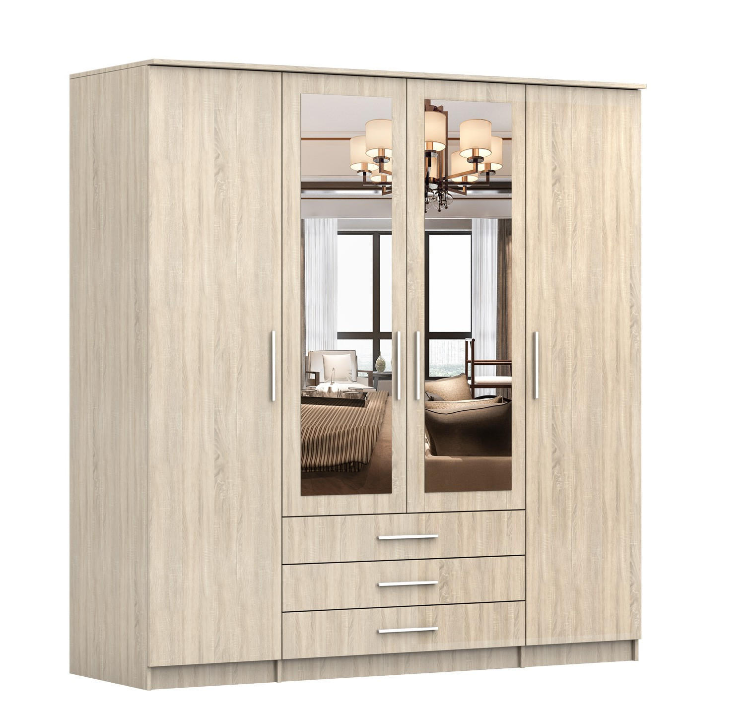 DREHTÜRENSCHRANK 200/207/57/61 cm Szantal 4D Sonoma/Sonoma - Alufarben/Sonoma Eiche, Glas/Holzwerkstoff (200/210/64cm) - imoebel24