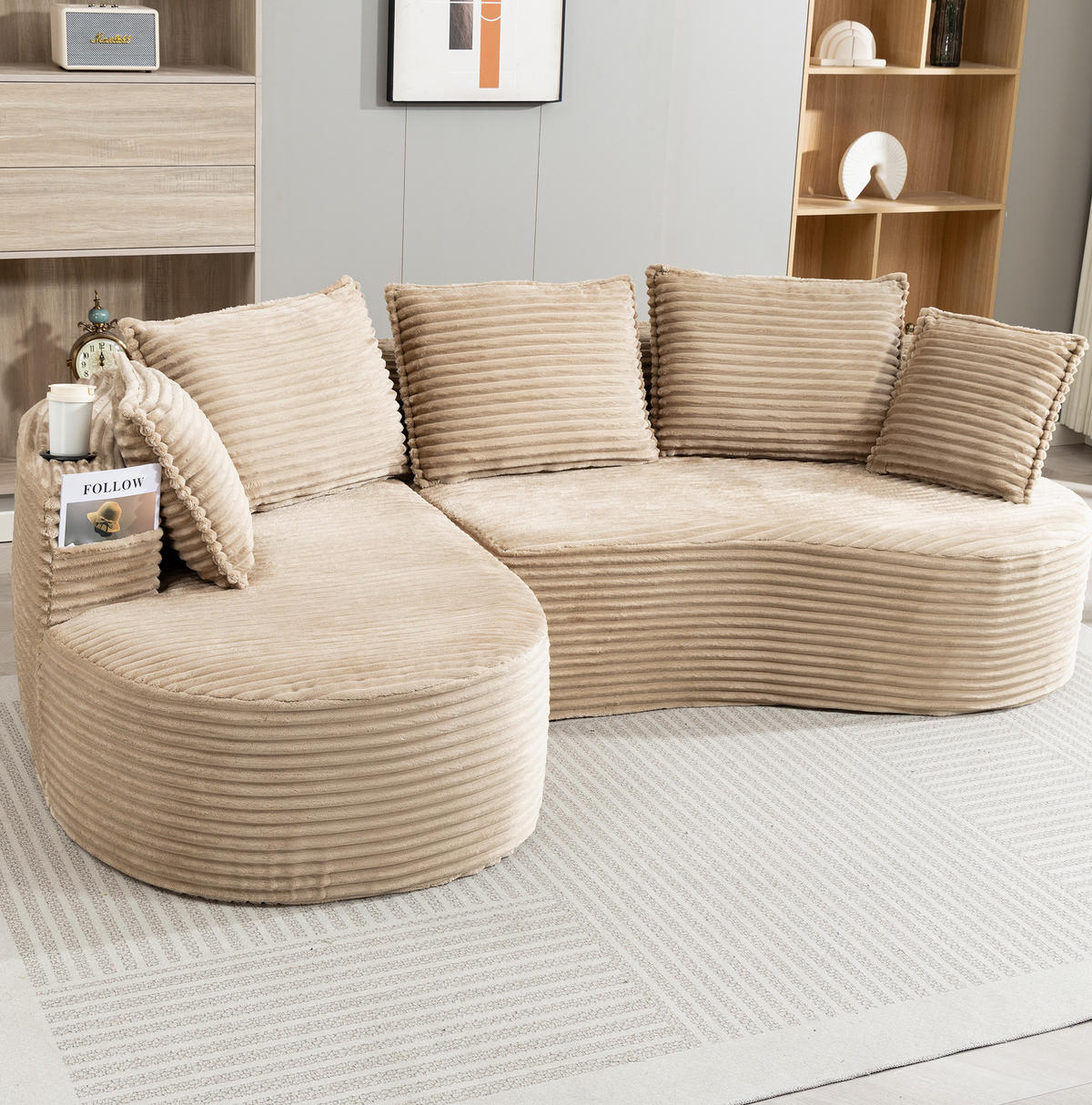 SOFA bogiges Design 250 x 152 cm Cord Khaki mit Getränkehaltern - Braun, Textil (152/250cm) - Meubliv