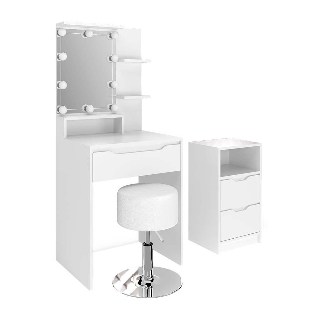SCHMINKTISCH Ruben Weiß mit Schubladenschrank LED Beleuchtung und Hocker - Weiß, Holzwerkstoff (60/142.7/48cm) - Vicco