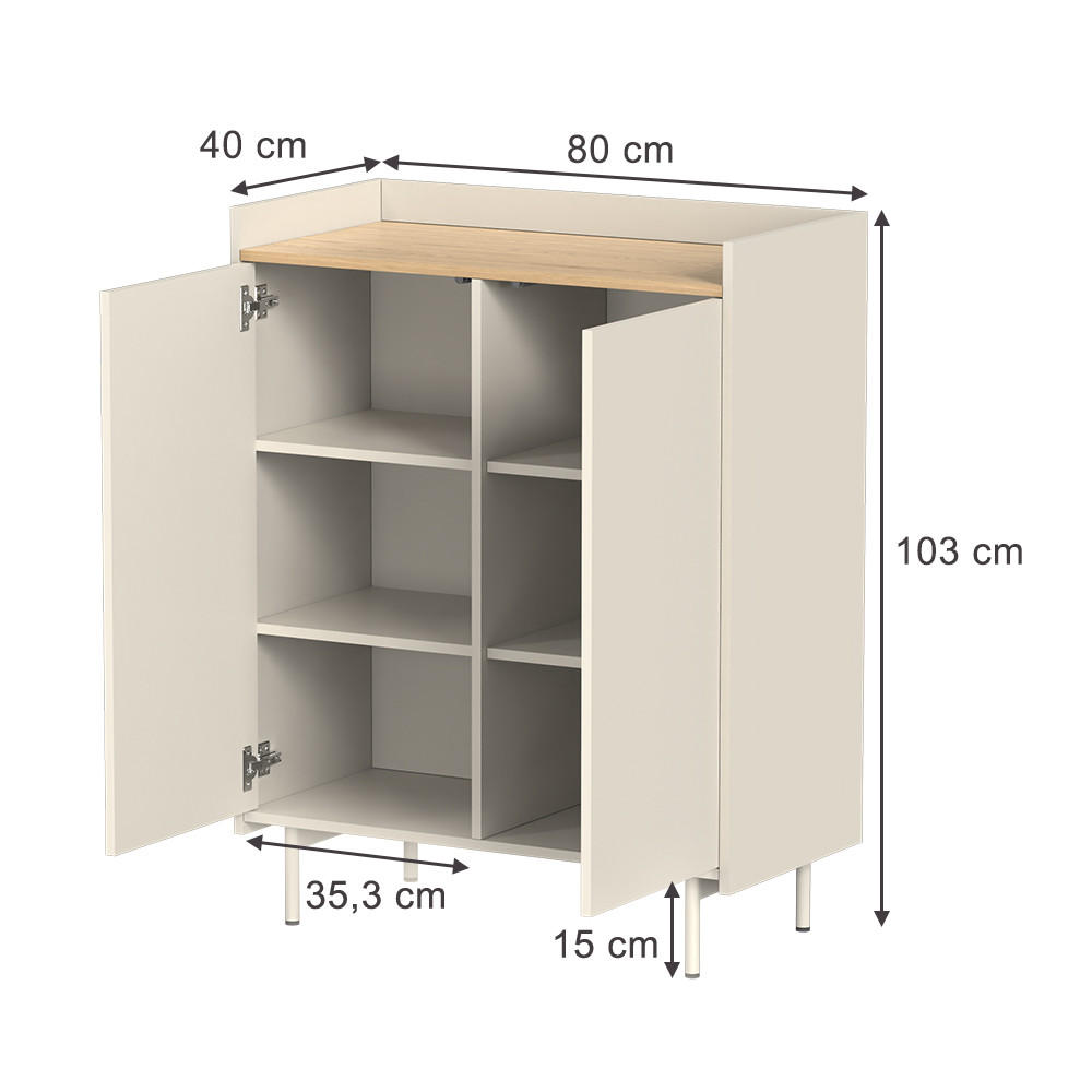 KOMMODE Velina Creme 80 x 103 cm mit 6 Fächern - Eichefarben/Creme, Holzwerkstoff (80/103/40cm) - Vicco
