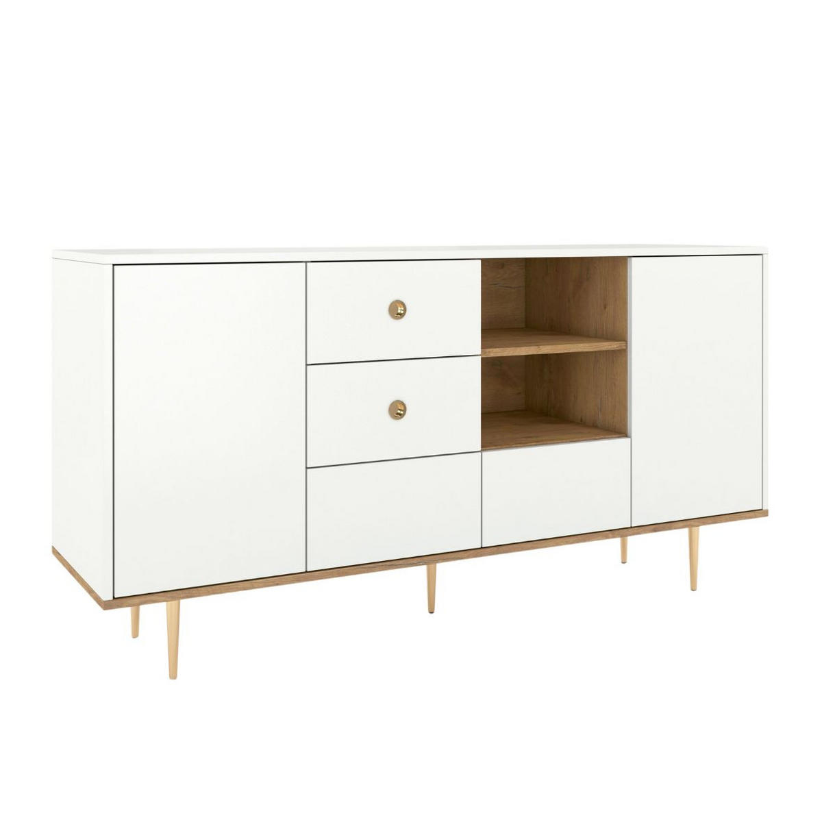 SIDEBOARD Harmoni, Weiß, Eiche, Goldene Details - Goldfarben/Weiß, Holzwerkstoff/Metall (160/83/45cm) - Skandica
