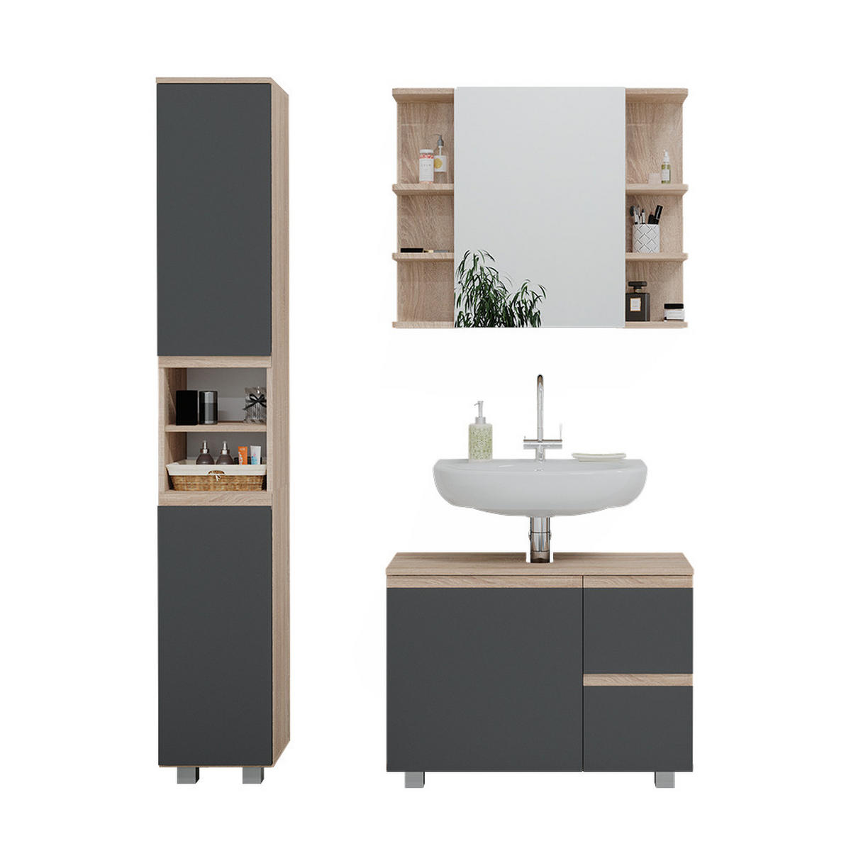 BADMÖBEL-SET J-Shape Sonoma 3 Teile, mit Hochschrank - Anthrazit/Sonoma Eiche, Holzwerkstoff (80/60/33cm) - Vicco