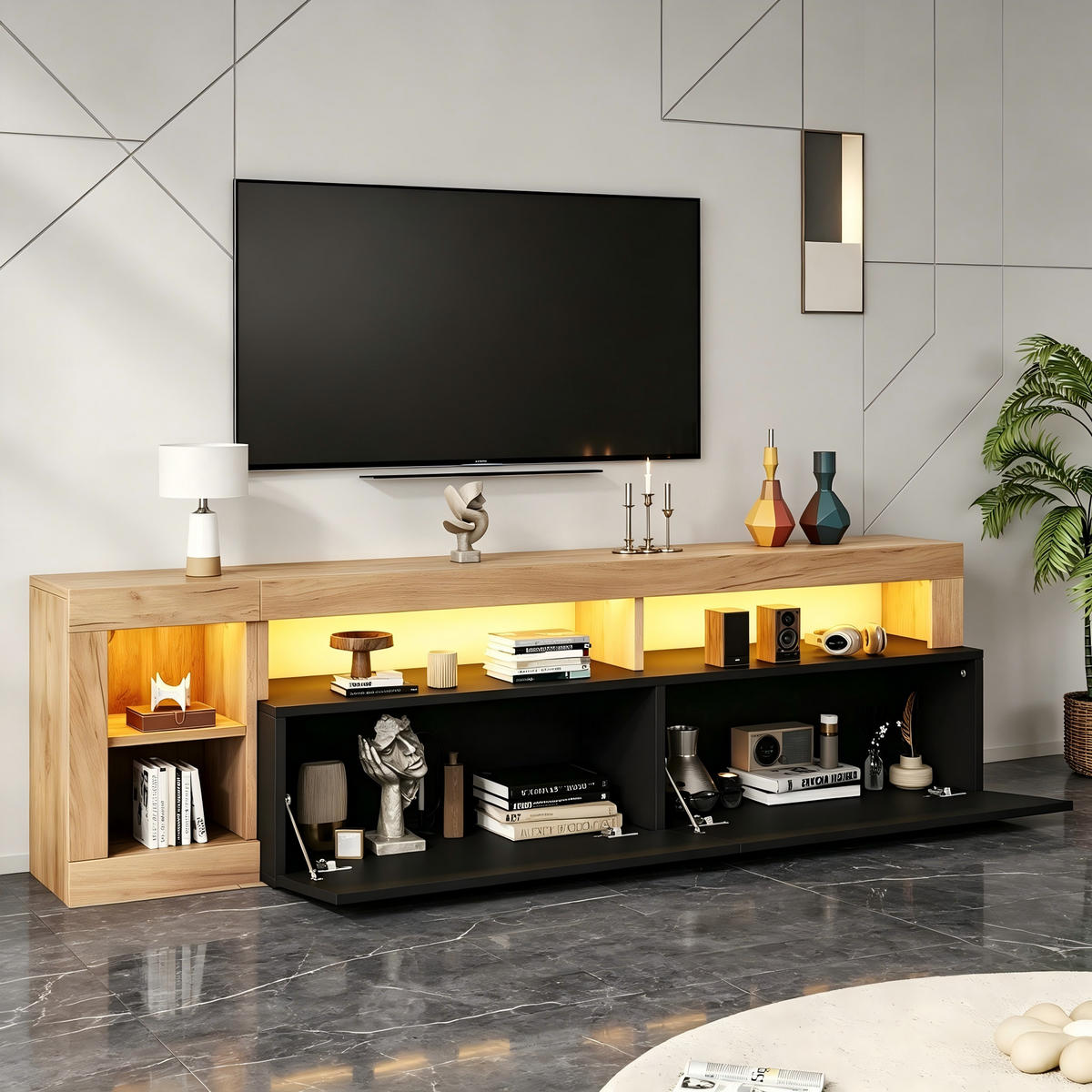 TV-SCHRANK Schwarz-Holzoptik aus Spanplatte mit App-gesteuerter LED 184 × 42 × 58 cm - Schwarz, Holzwerkstoff (184/58/42cm) - Luhomfu