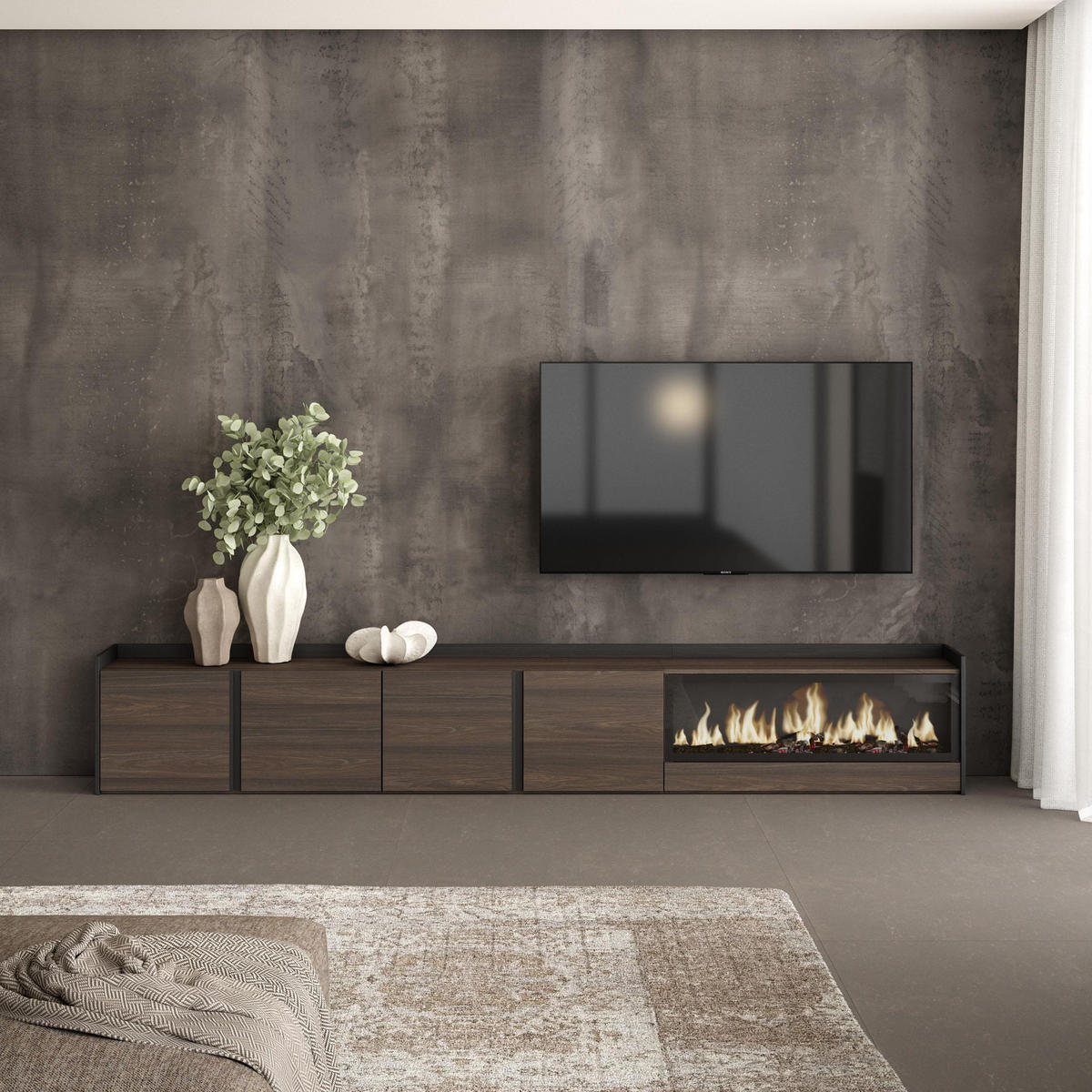 LOWBOARD, Dunkler Eiche und Schwarz, 315/35/50cm, Kamin mit Feuereffekt XXL - Dunkelbraun, Holzwerkstoff (315/50/35cm) - Skraut Home