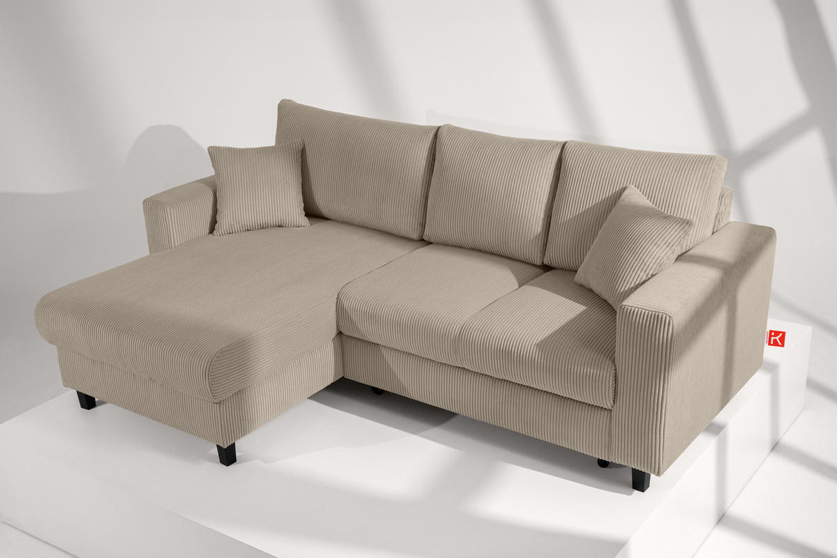 ECKSCHLAFSOFA EGRET Links mit Bettkasten, Cord-Stoff, beige - Beige, Textil (234/90cm) - KONSIMO®