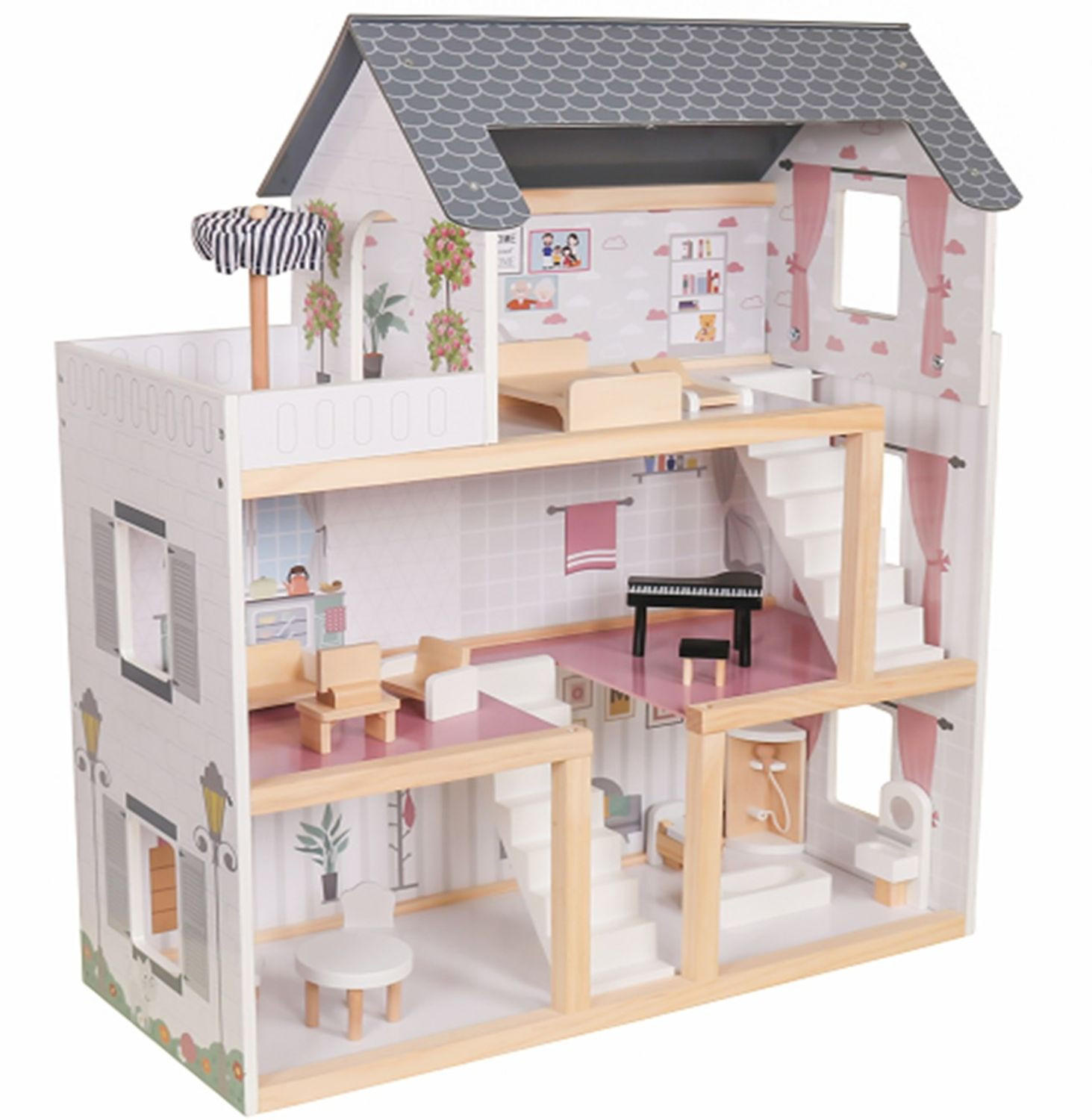 Mamabrum Großes Puppenhaus Aus Holz (MDF) Mit LED-Beleuchtung & Möbeln – 3 Etagen, Für Mädchen Ab 3 Jahre
