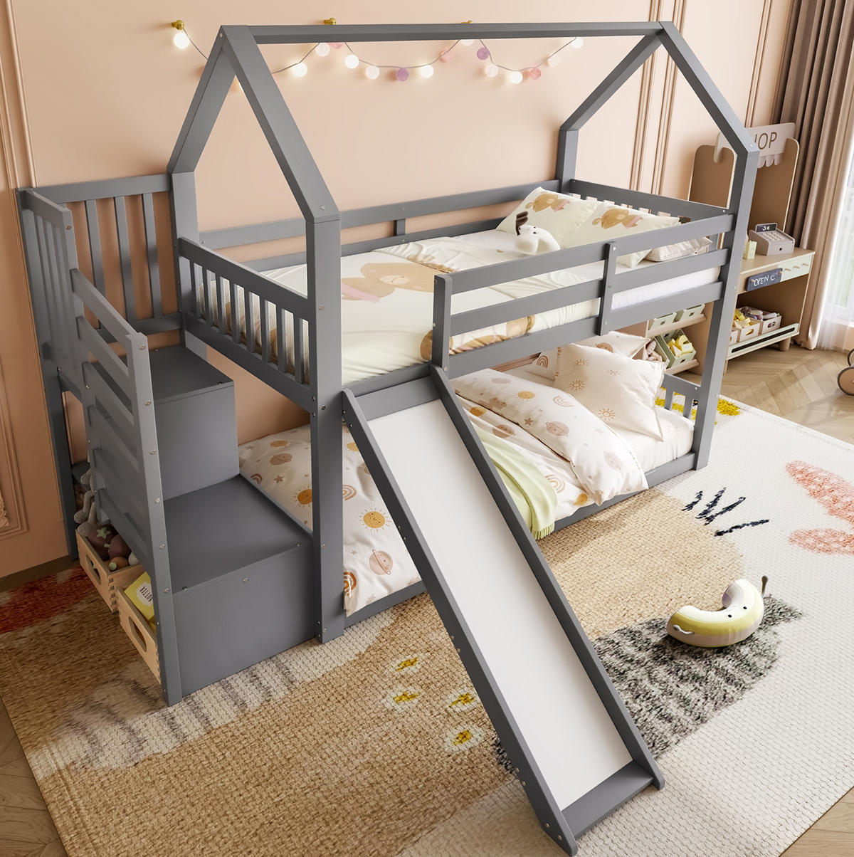 ETAGENBETT mit Stauraumtreppe und Rutsche 90x200 cm Kiefernholz Grau - Grau, Holzwerkstoff (90/200cm) - Beauniv