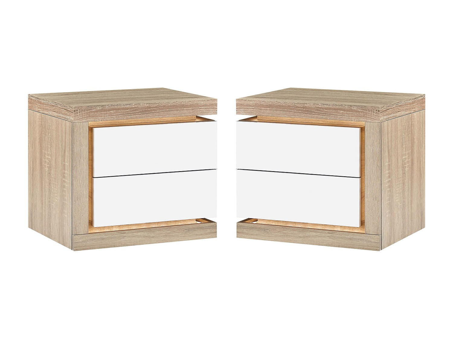 2ER-SET Nachttische mit 2 Schubladen & LED-Beleuchtung - Weiß lackiert und Holzfarben - FLARANCIA - Naturfarben, Holz (50/45/40cm) - Vente-Unique