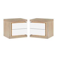 2ER-SET Nachttische mit 2 Schubladen & LED-Beleuchtung - Weiß lackiert und Holzfarben - FLARANCIA - Naturfarben, Holz (50/45/40cm) - Vente-Unique
