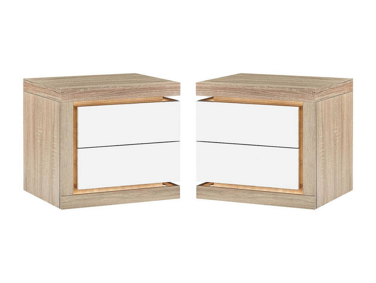 2ER-SET Nachttische mit 2 Schubladen & LED-Beleuchtung - Weiß lackiert und Holzfarben - FLARANCIA - Naturfarben, Holz (50/45/40cm) - Vente-Unique