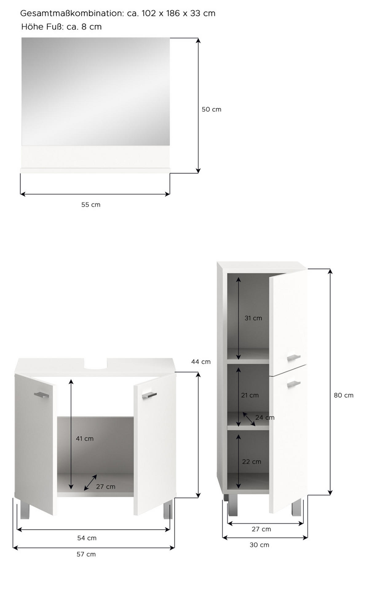 BADMÖBEL-SET weiß 3-teilig 100 cm, Kombination hängend oder stehend - Weiß, Glas/Holzwerkstoff (102/186/33cm) - Inn.Furn