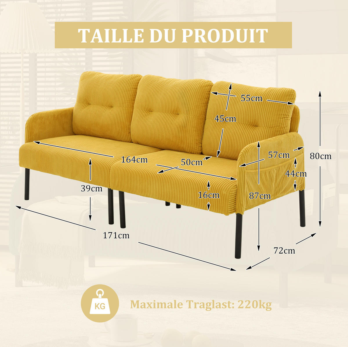 3-SITZER-SOFA 171/72/80 cm aus Cord mit Seitentasche Gelb - Gelb, Textil (72/80/171cm) - Modenvie
