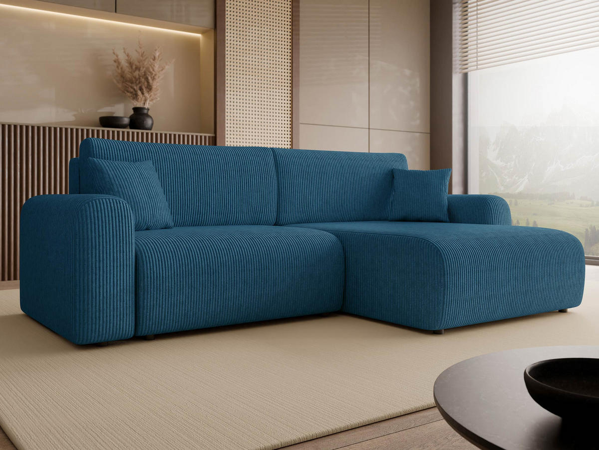 ECKSOFA Floryn L Cord - Blau/Schwarz, Holz/Kunststoff (245/145cm) - MIRJAN24