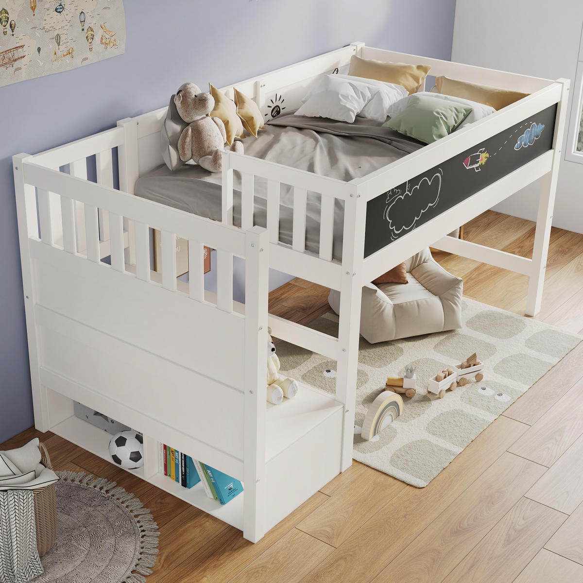 KINDEREINZELBETTEN aus Massivholz und MDF 90x200 cm in Weiß mit Treppe, Stauraum & Tafel - Weiß, Holzwerkstoff (90/200cm) - Modfu