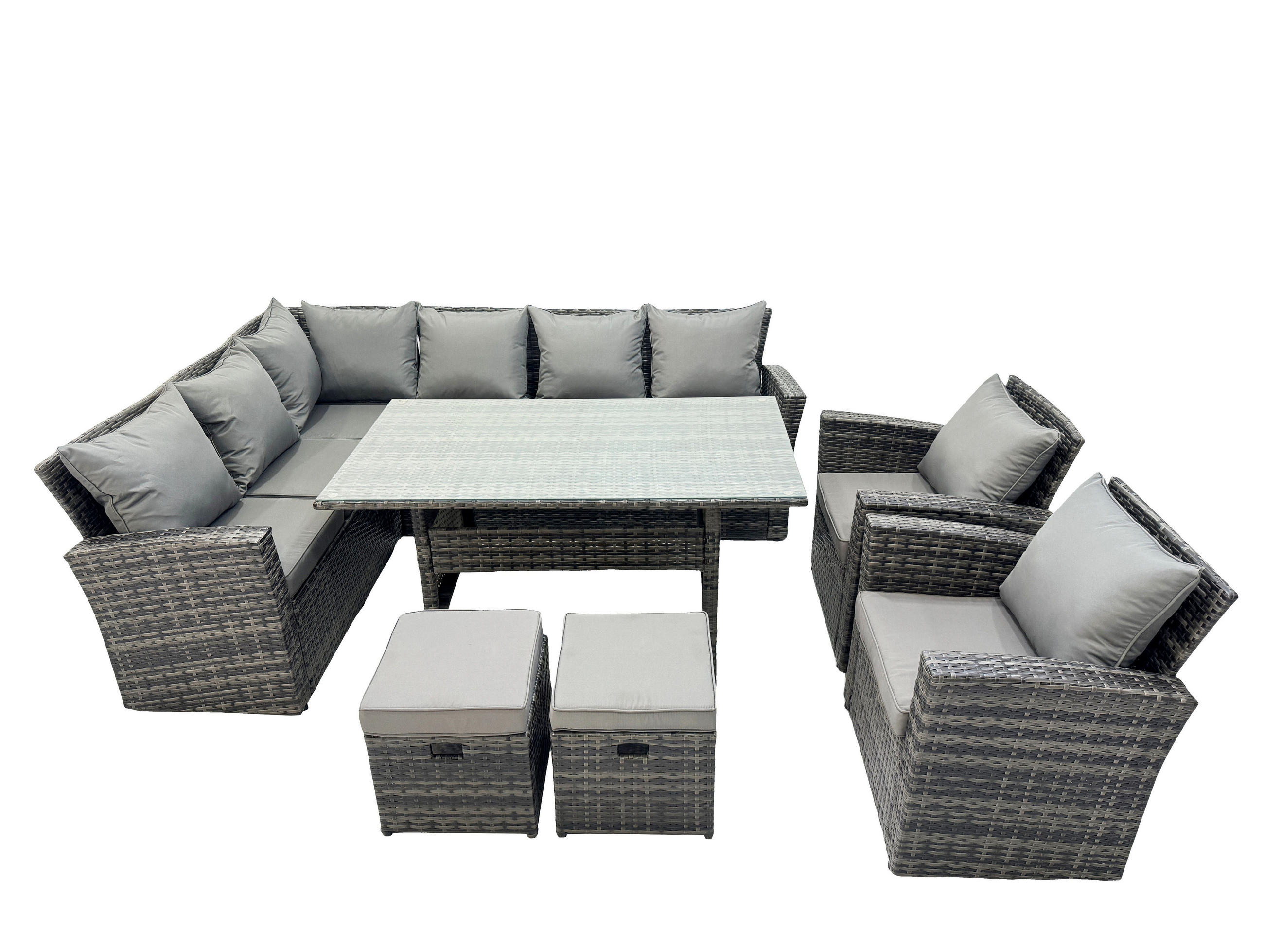 GARTENLOUNGE mit Ecksofa Polyrattan Dunkelgrau 10-Sitzer - Dunkelgrau/Grau, Glas/Kunststoff - Fimous