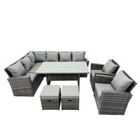 GARTENLOUNGE mit Ecksofa Polyrattan Dunkelgrau 10-Sitzer - Dunkelgrau/Grau, Glas/Kunststoff - Fimous