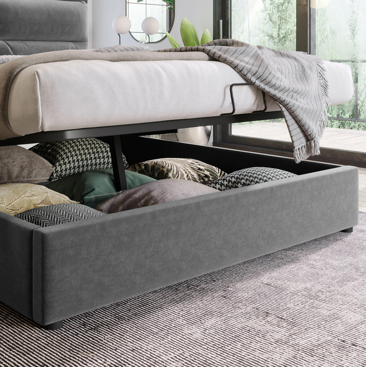 POLSTERBETT aus Samt 140x200 cm Grau mit Bettkasten und verstellbarem Kopfteil - Grau, Textil (140/200cm) - IVMEU
