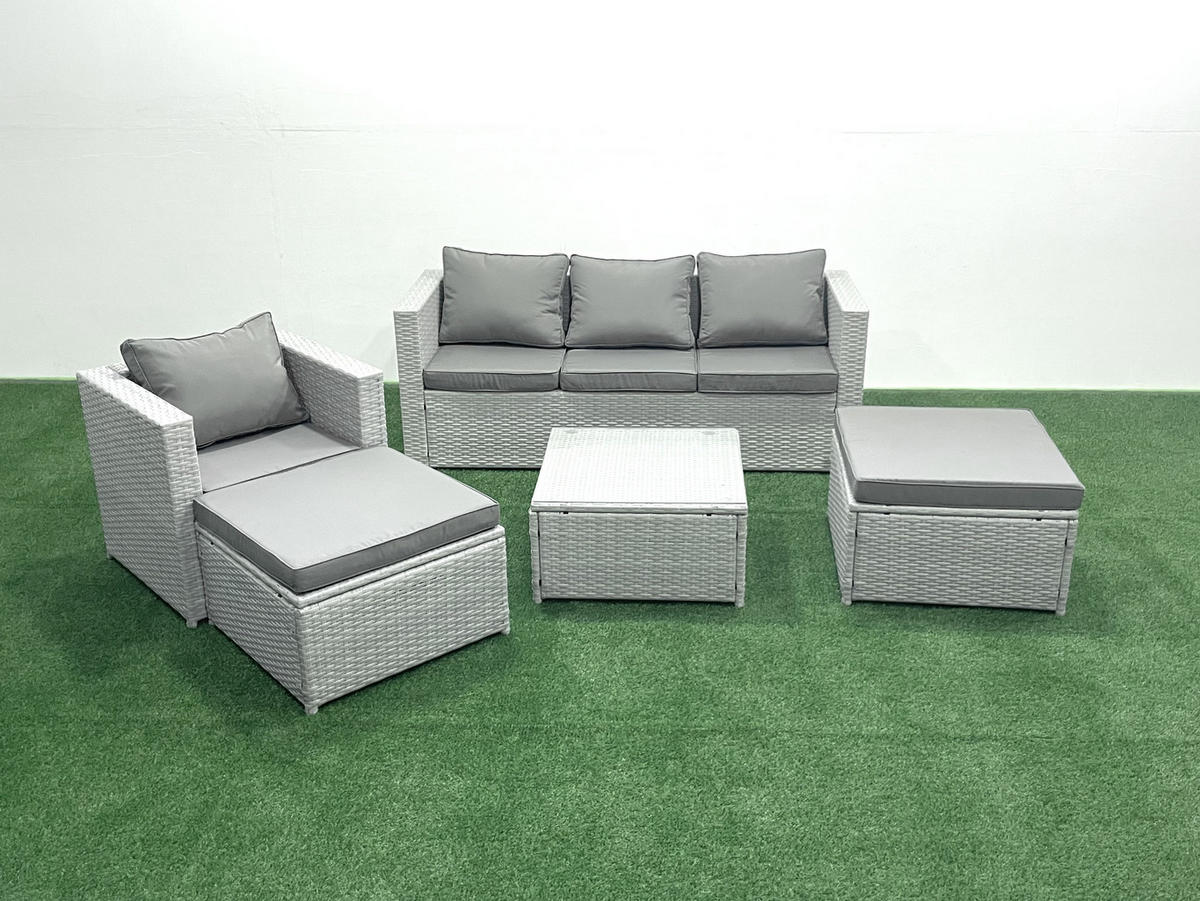GARTENMÖBELSET mit 3-SITZER SOFA,COUCHTISCH Polyrattan Hellgrau-Mix 6-Sitzer - Hellgrau/Grau, Glas/Kunststoff - Fimous