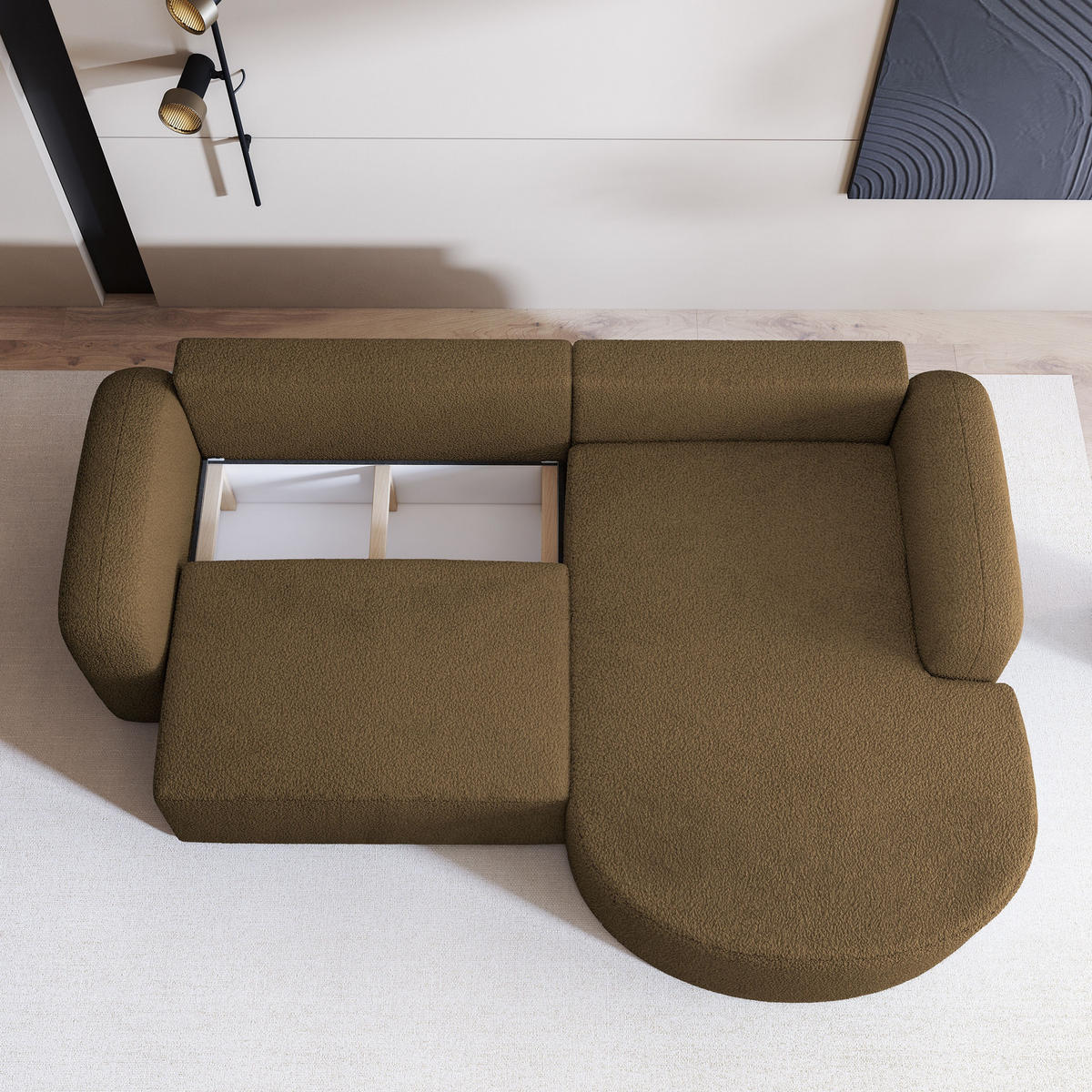 ECKSOFA AMILIA R-S Orange Boucle-Stoff mit Schlaffunktion - Orange, Holz (263/174cm) - MASSENO