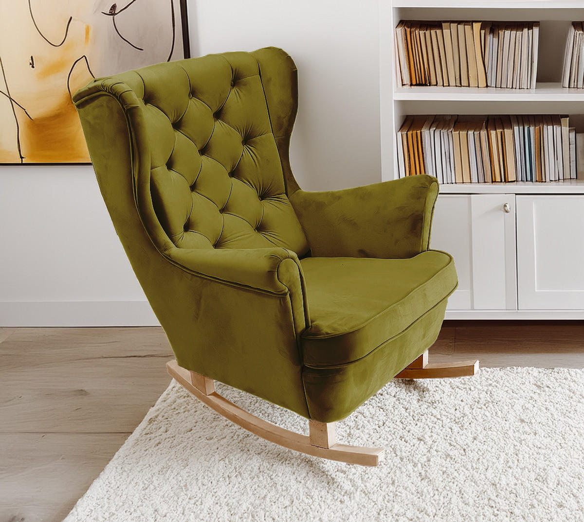 SCHAUKELSESSEL mit gepolstertem Sitz und Armlehnen, 102x81x95 cm, Grün_29846 - Buchefarben/Pinienfarben, Holz/Textil (81/102/95cm) - DomoHome