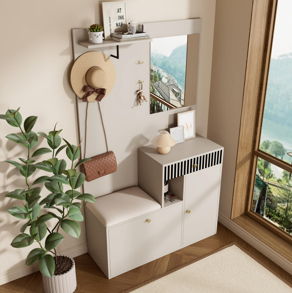 GARDEROBE 110/185,5/37 cm aus MDF mit Spiegel und Sitzfläche - Beige, Holzwerkstoff (37/185.5/110cm) - OKMYHOME