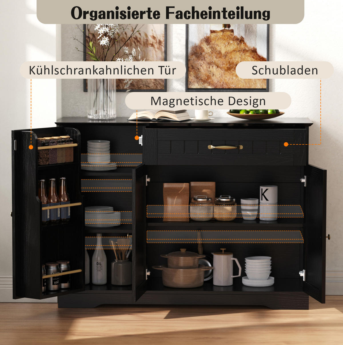 SIDEBOARD aus MDF 107x40x83 cm Schwarz mit 3 Türen, 1 Schublade und verstellbaren Einlegeböden - Schwarz, Holzwerkstoff (107/83.4/40cm) - Modfu