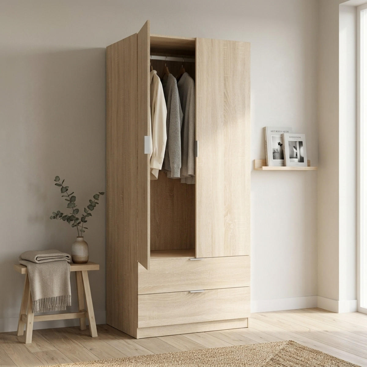SCHRANK 2 Türen 2 Schubladen 81,2/180/52 cm - Eichefarben, Holzwerkstoff (81.2/180/51cm) - Calicosy