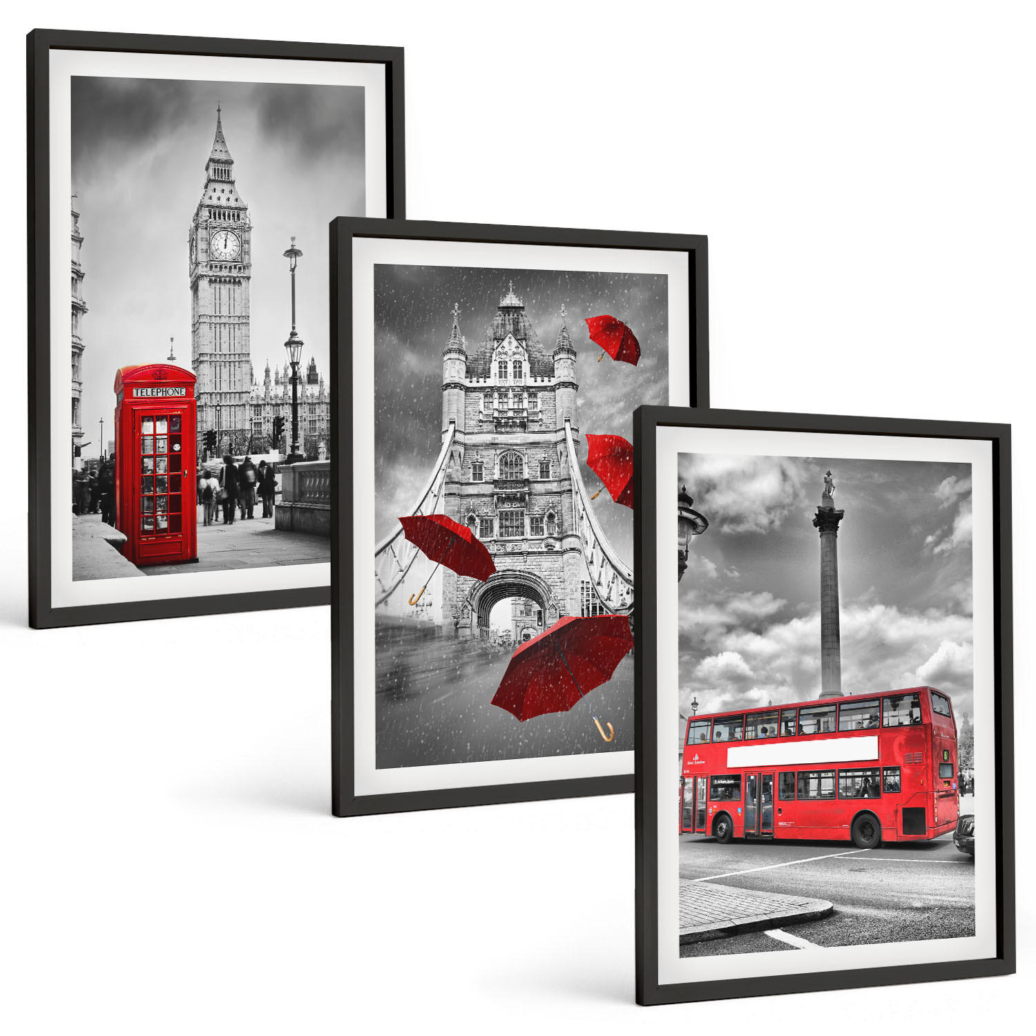 BILDER SET 3er Set - 40x60 cm Schwarzer Rahmen - Roter Regenschirmstand und Londoner Bus - Schwarz, Kunststoff (40/60cm) - TULUP