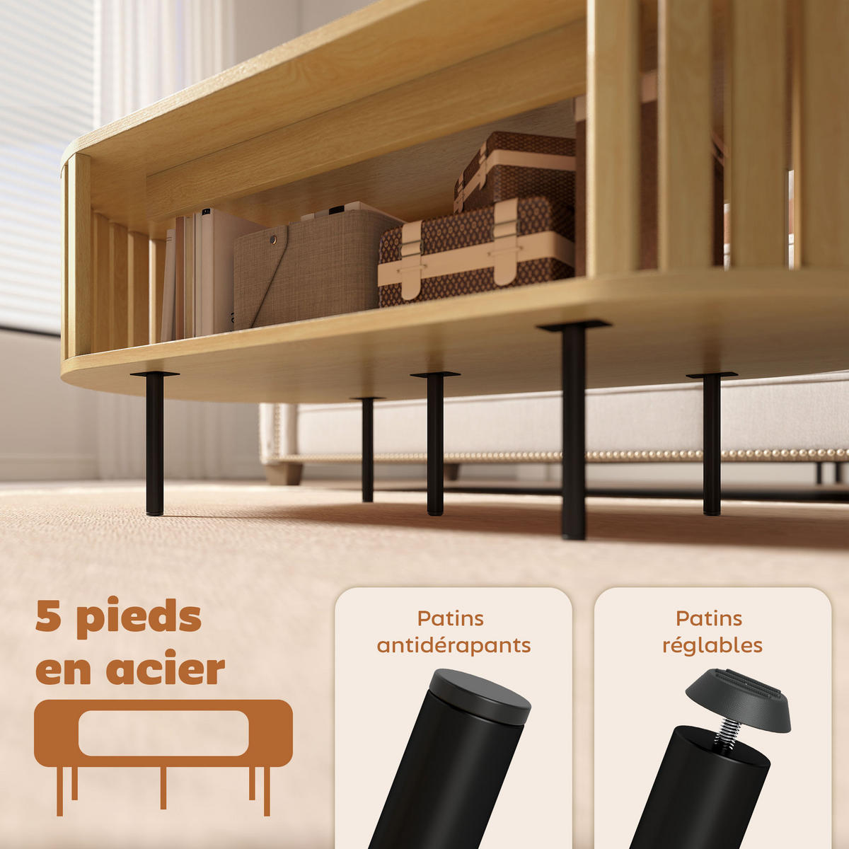 COUCHTISCH DE-15825 Lamellen-Design mit zwei Ablagen Naturholz - Naturfarben, Holzwerkstoff (100/50/40cm) - ComfortXL