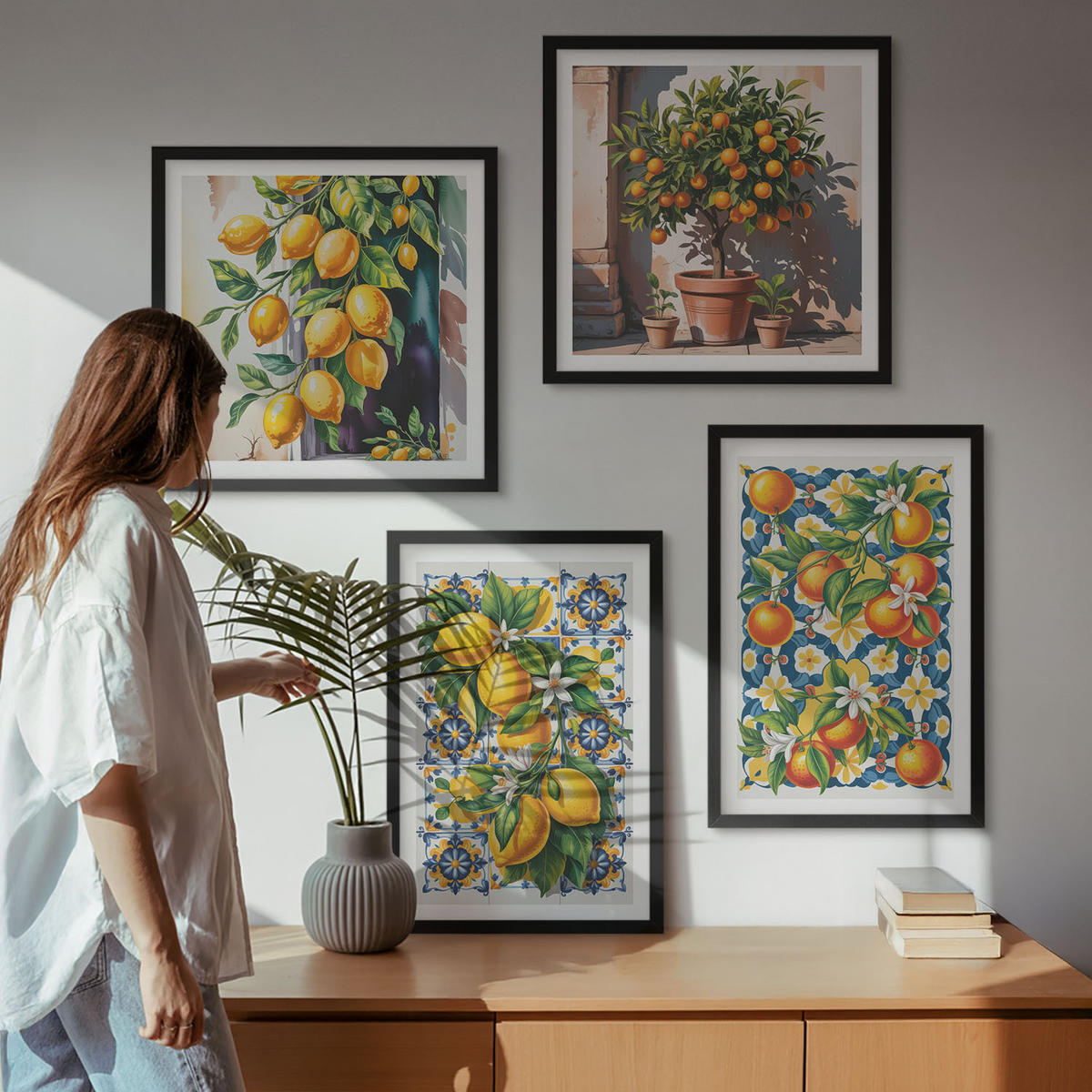 BILDER SET 4er Set - 50x50 cm & 40x60 cm Schwarzer Rahmen - Farbenfrohe abstrakte Zitrusfrüchte - Schwarz, Kunststoff (50/50cm) - TULUP
