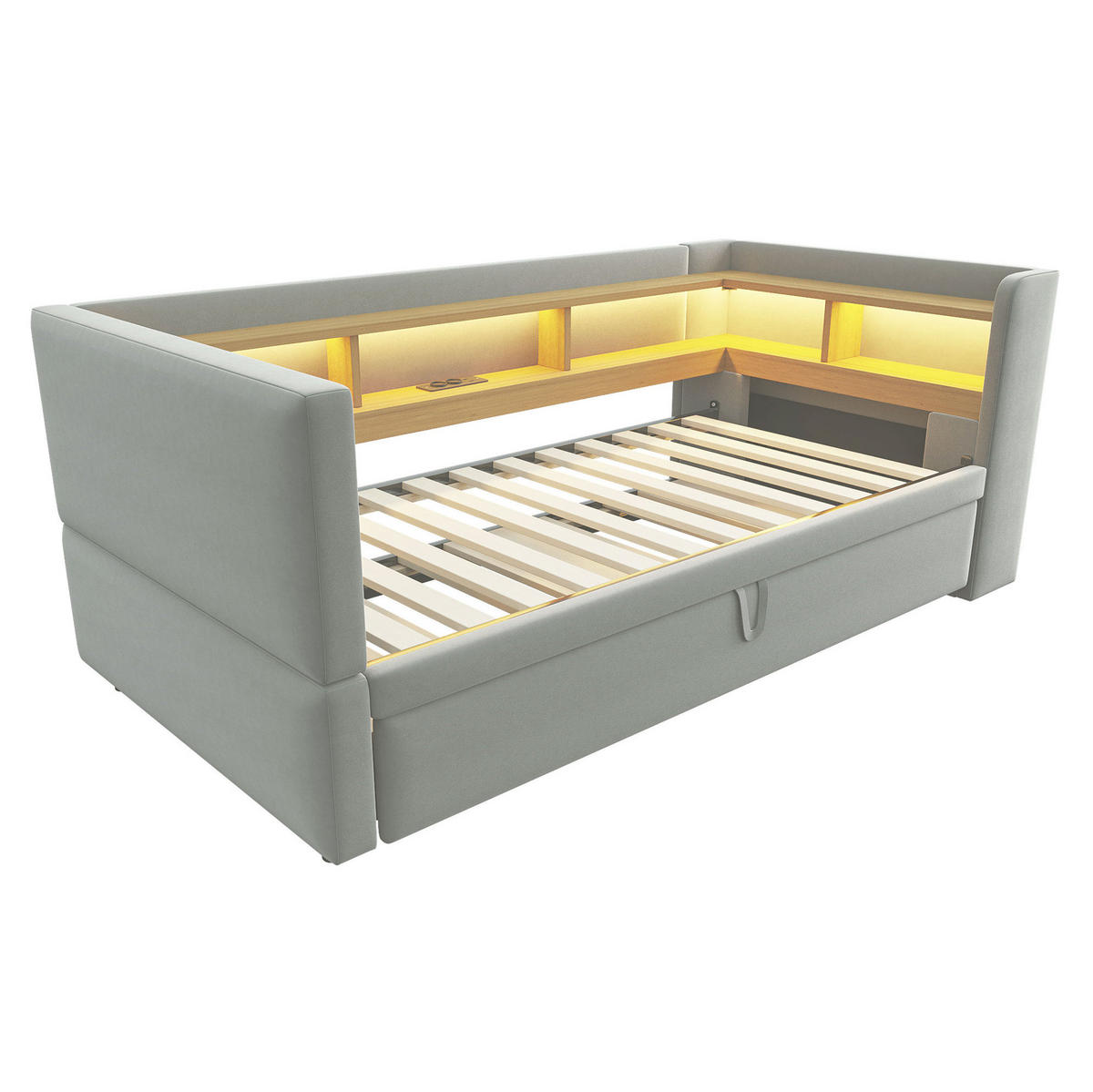 POLSTERBETT 90/180 cm hellgrau aus Flanell mit LED-Beleuchtung und Steckdosen - Hellgrau, Textil (90/190cm) - OKMYHOME
