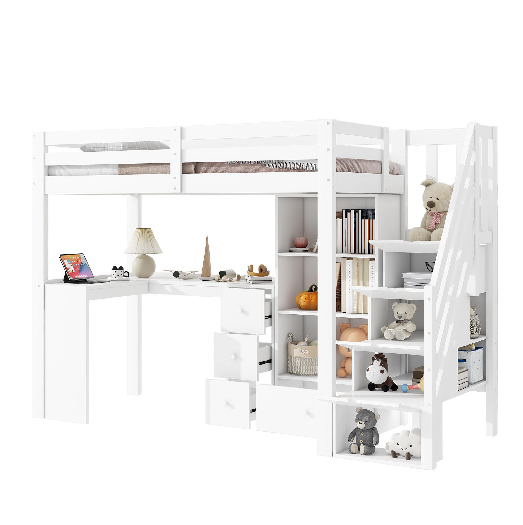 HOCHBETT 90/200 cm Weiß aus Kiefernholz und MDF mit Schreibtisch - Weiß, Holz (90/200cm) - OKMYHOME