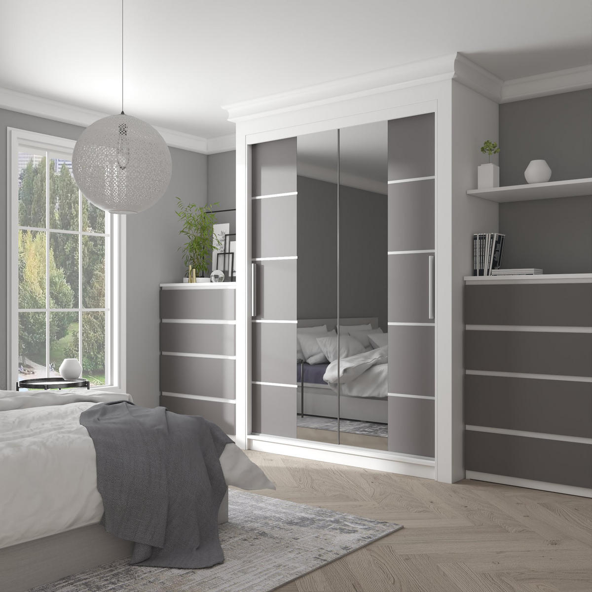 BELINI Verona, komoda s posuvnými dverami, 133 cm, biela/šedá, matný povrch – šatová skriňa so zrkadlom a 2 zásuvkami, vhodná do spálne - sivá, drevo (133/216/60cm) - B BELINI GROUP