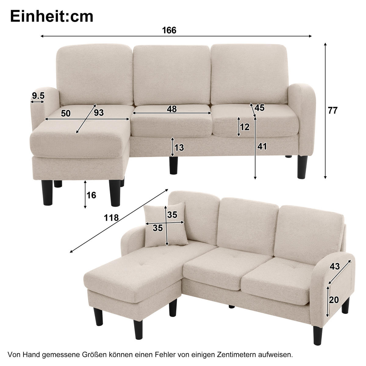 ECKSOFA 166x118x77cm Baumwoll-Leinen Chaiselongue 3-Sitzer - Beige, Holz (107.95/52.07cm) - FLIEKS