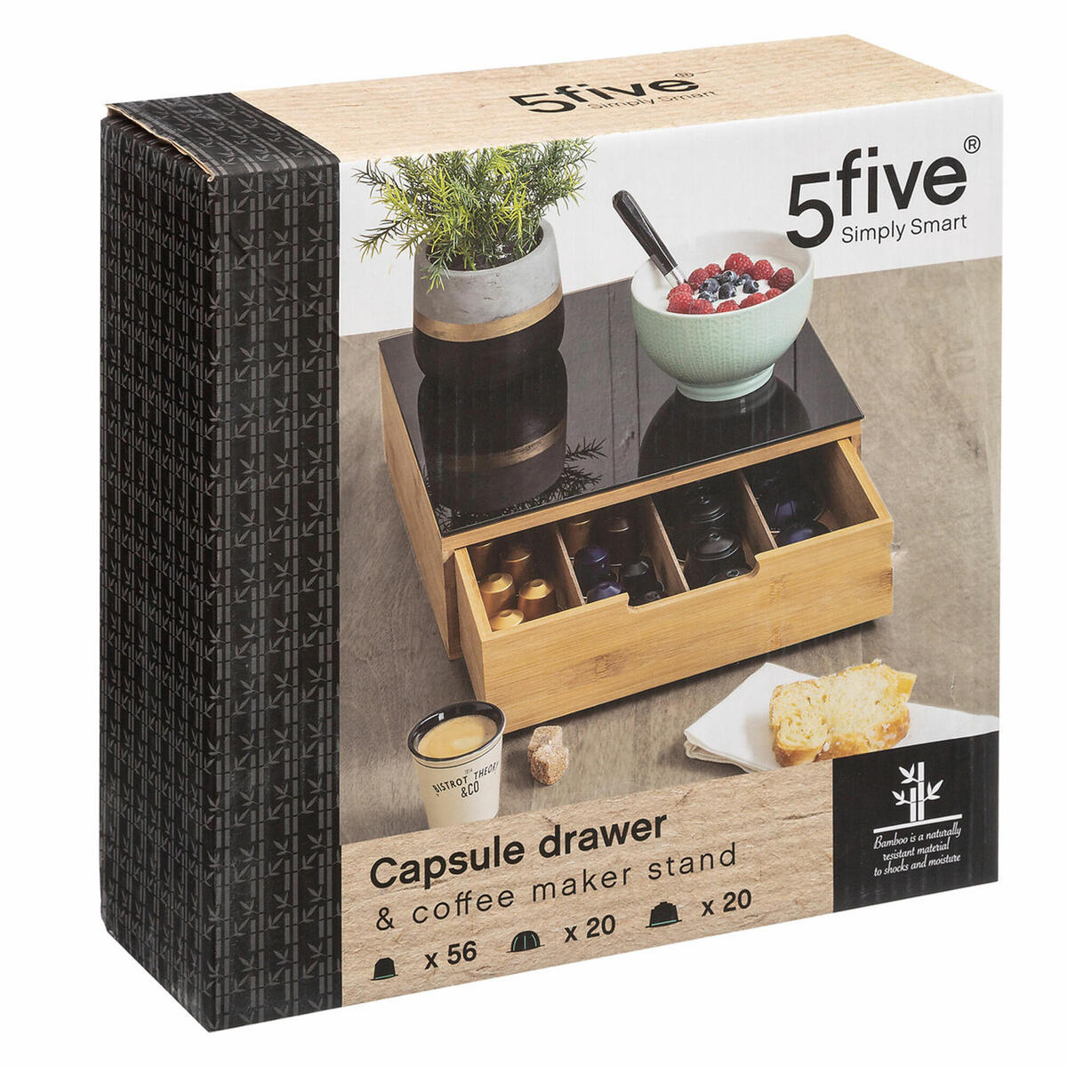 KAFFEEKAPSEL-REGAL mit Schublade, Holz mit Glasplatte - Schwarz, Holz - 5five Simply Smart