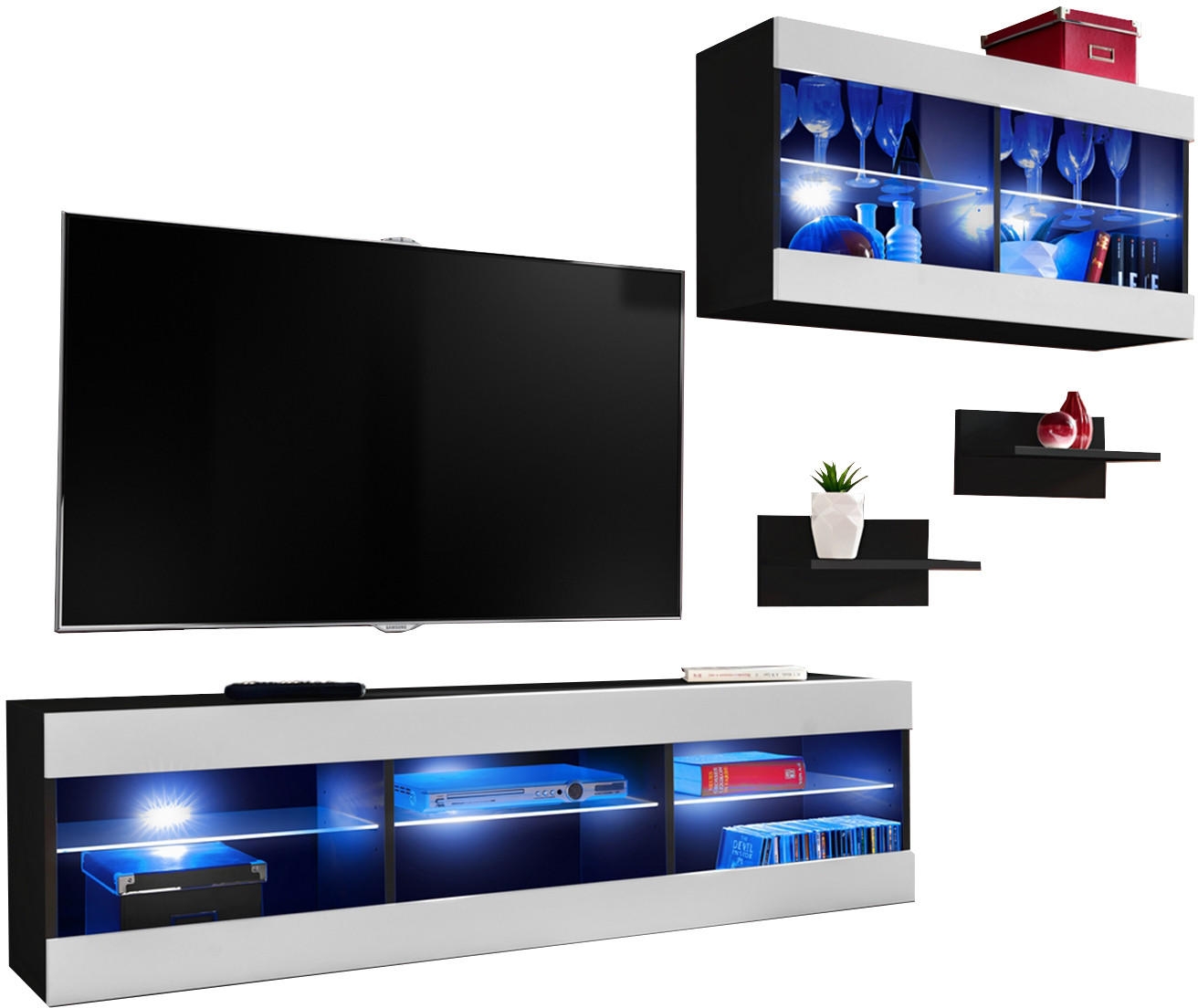 WOHNWAND TIVOLI SET3-BLACK/WHITE+BLU Glasregale Schwarz Weiß - Schwarz/Weiß, Glas/Holzwerkstoff (240/195/35cm) - Komodee