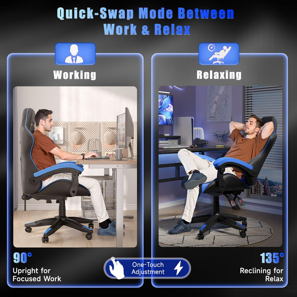 GAMING-STUHL ergonomisch, verstellbare Rückenlehne, Kissen – Blau - Blau, Leder (59/120/56cm) - Rattantree