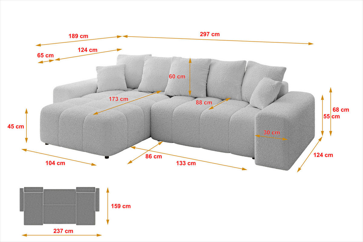 ECKSOFA Ottomane links ENIL-L 297x189x68 Hellgrau Bouclé - Hellgrau, Holzwerkstoff/Kunststoff (297/189cm) - ALTDECOR