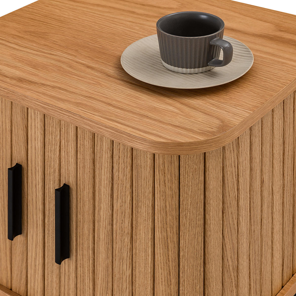 NACHTKOMMODE - Echtholzfurnier - Eichefarben/Schwarz, Holzwerkstoff/Metall (45/55/40cm) - home24