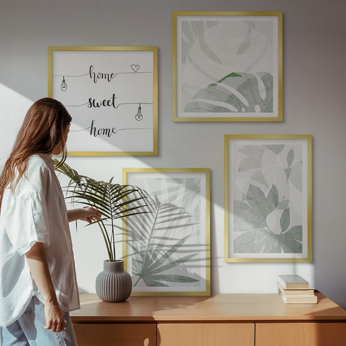 BILDER SET 4er Set - 50x50 cm & 40x60 cm Goldrahmen - Die Blätter der Pflanzen sind grünlich-grau. - Goldfarben, Kunststoff (50/50cm) - TULUP