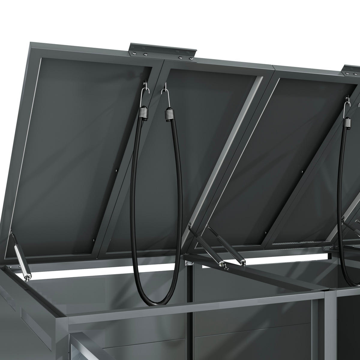 BOX na popelnice z oceli 264x80x118 cm šedo-dřevěný se 4 oddíly, hydraulickým víkem, větráním a zámkem - šedá, kov (264/118.5/80cm) - Modfu